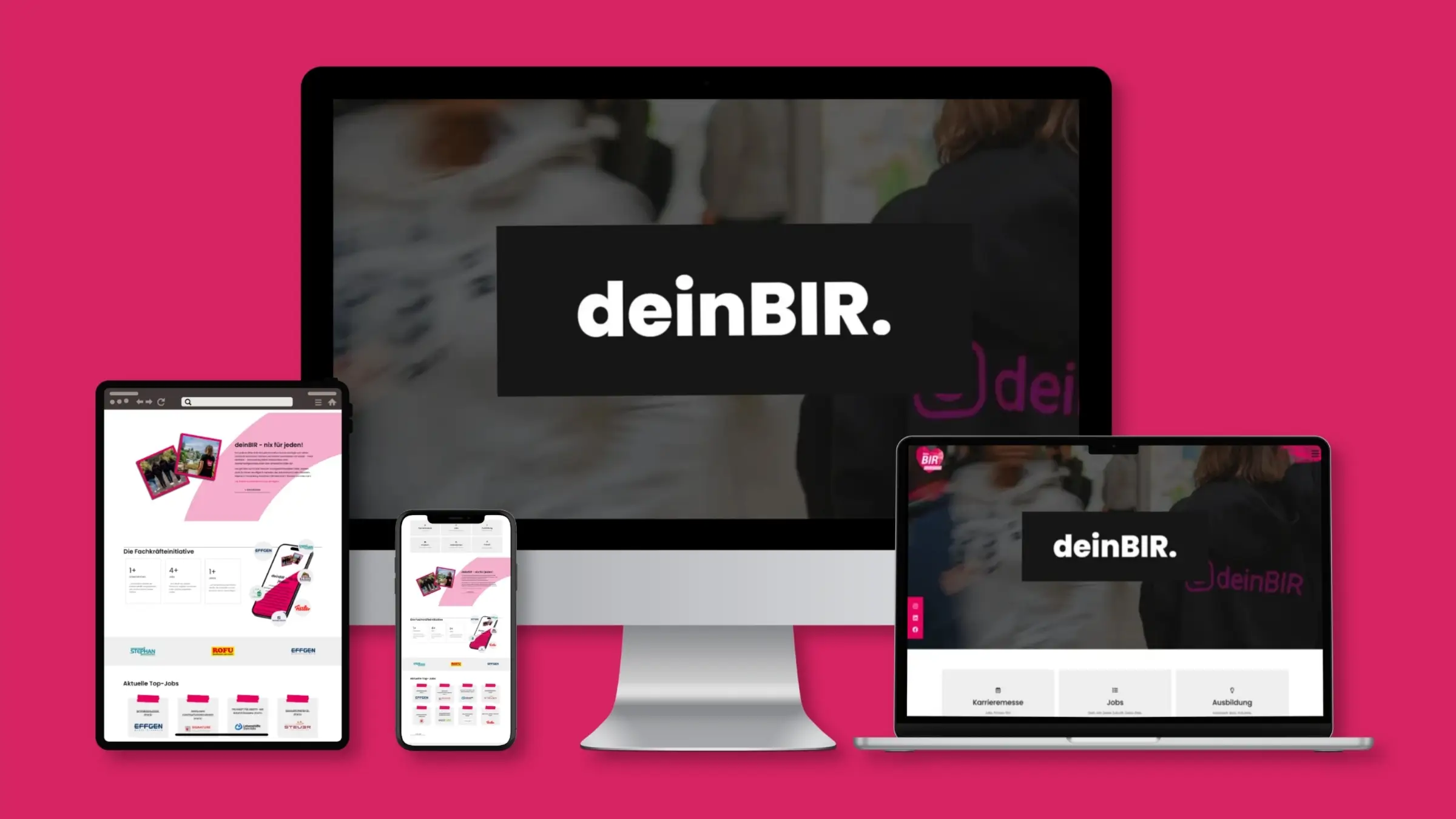 Screenshot der deinBIR Website mit Mockups für alle Geräte