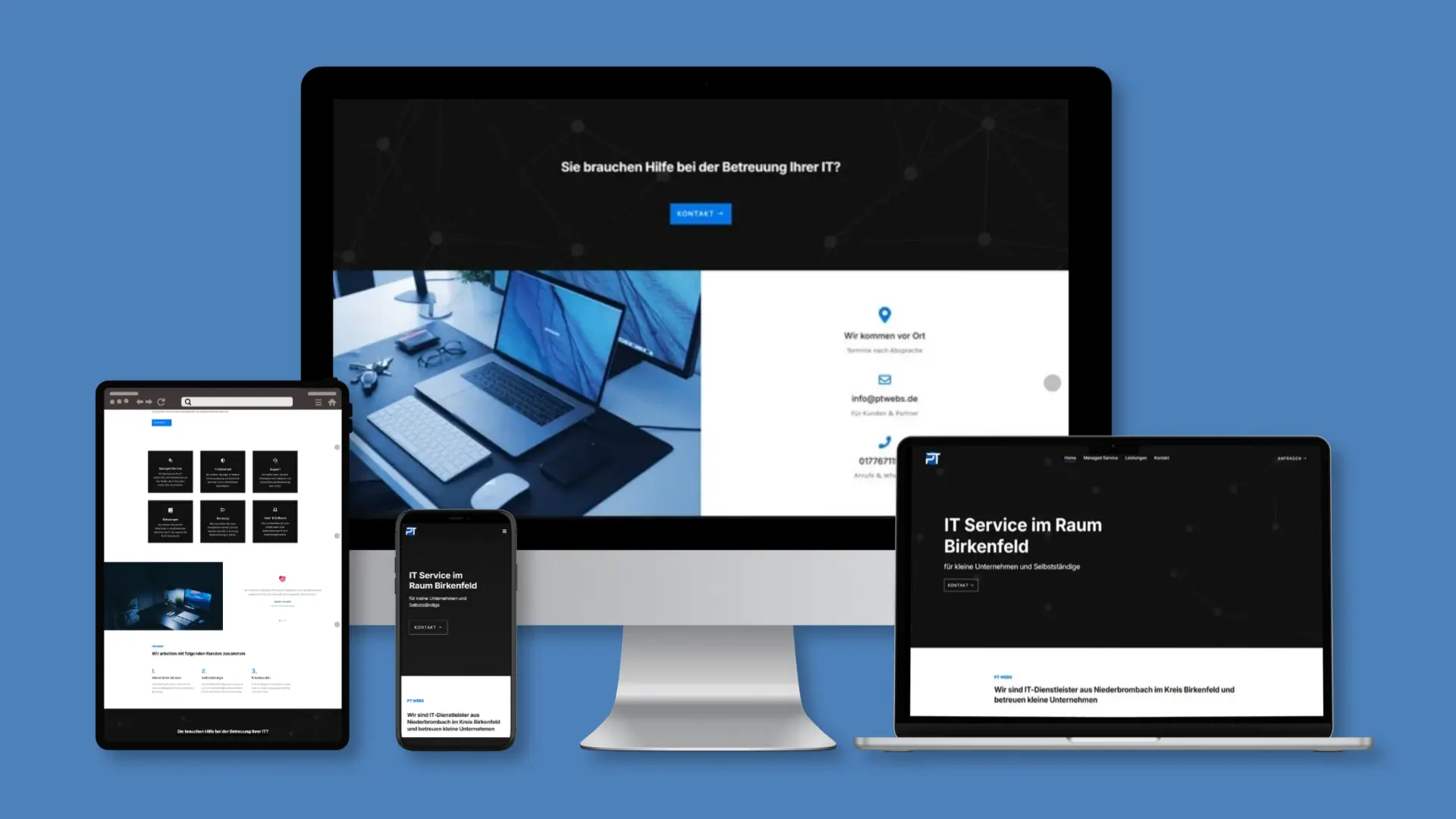 Screenshot der PT Webs Website mit Mockups für alle Geräte