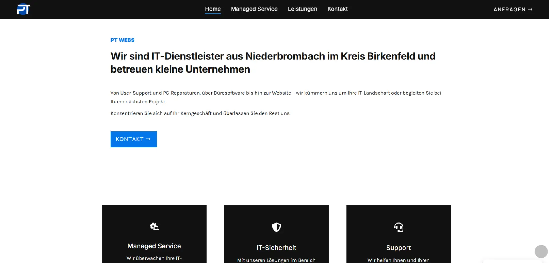 Screenshot der PT Webs Website