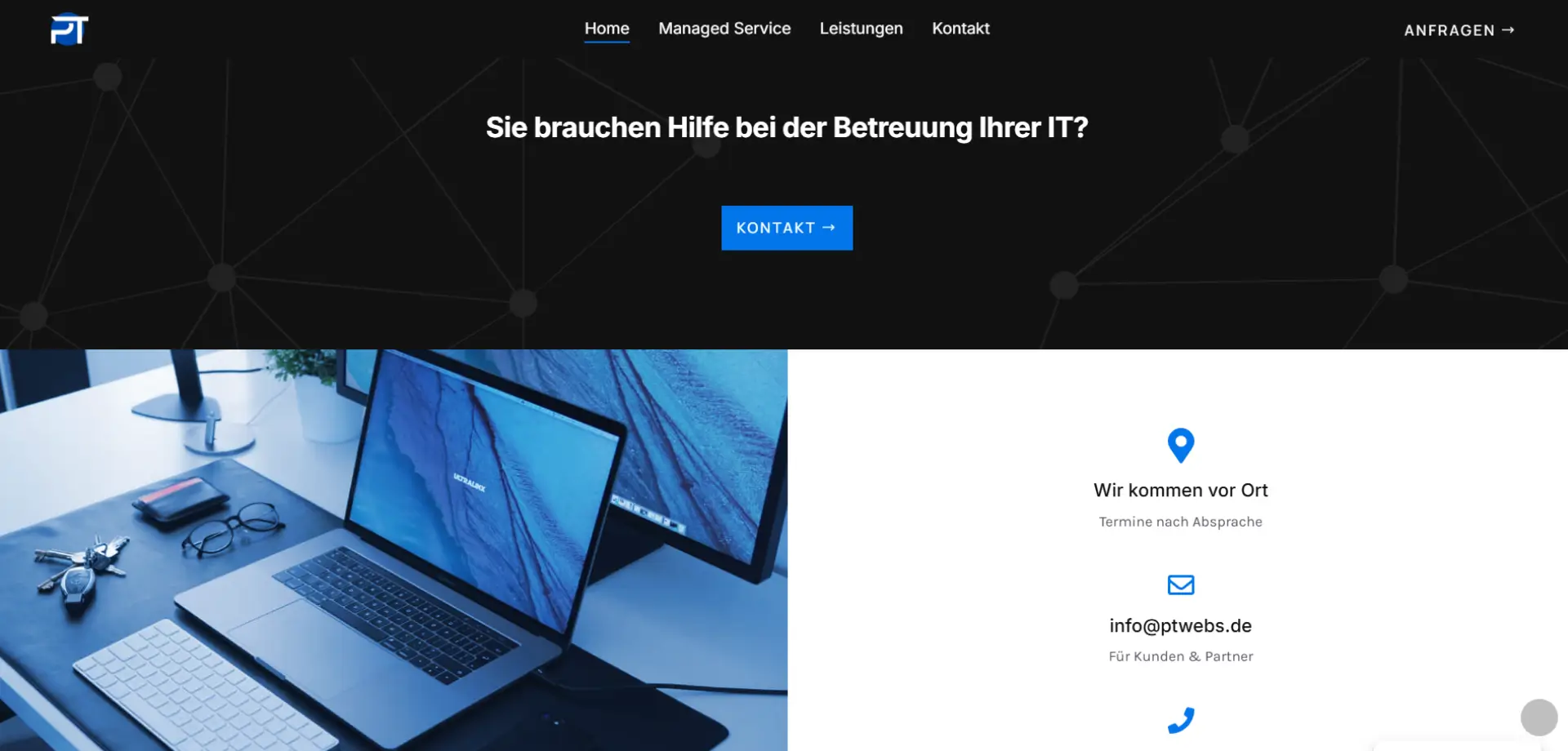 Screenshot der PT Webs Website