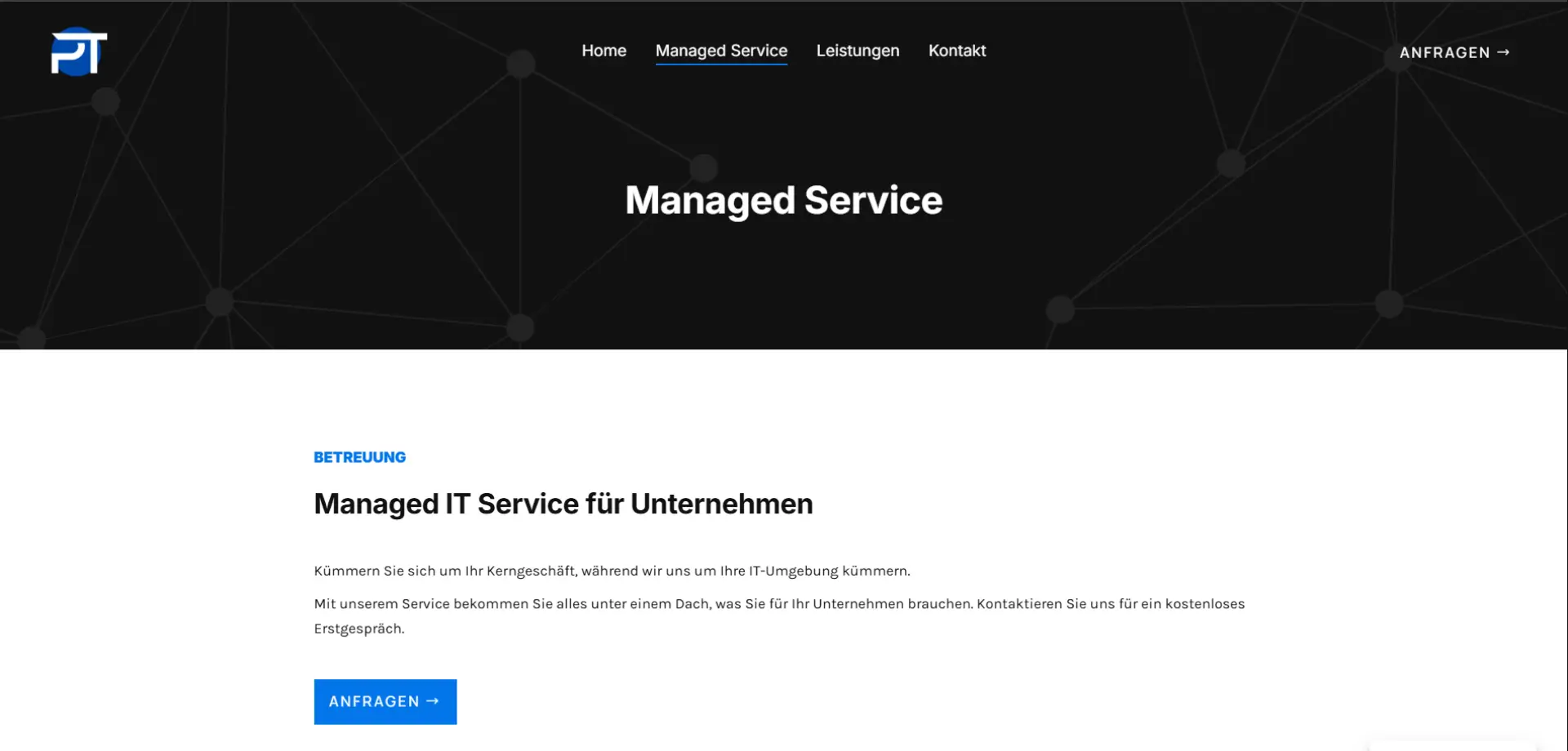 Screenshot der PT Webs Website