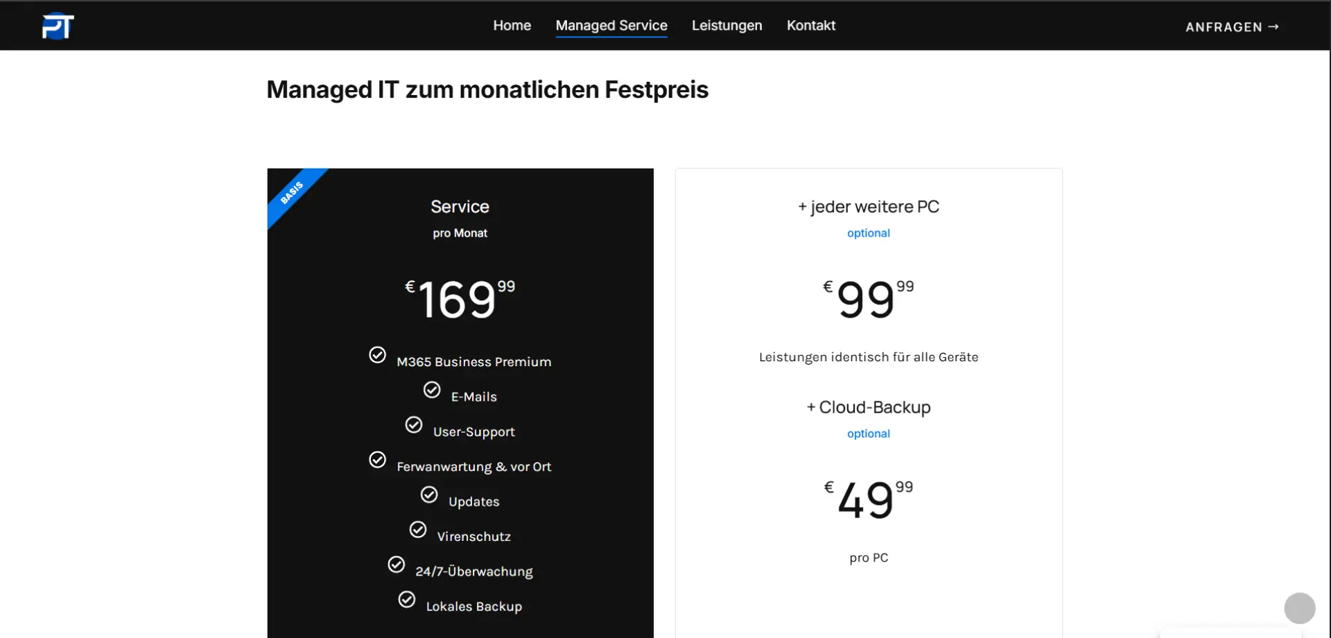 Screenshot der PT Webs Website