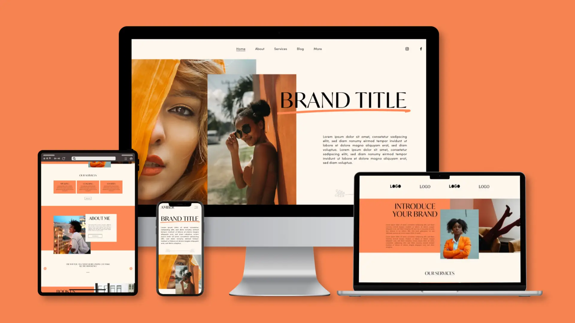 Header Bild vom Amber Squarespace Tempalte mit Mockups für alle Geräte