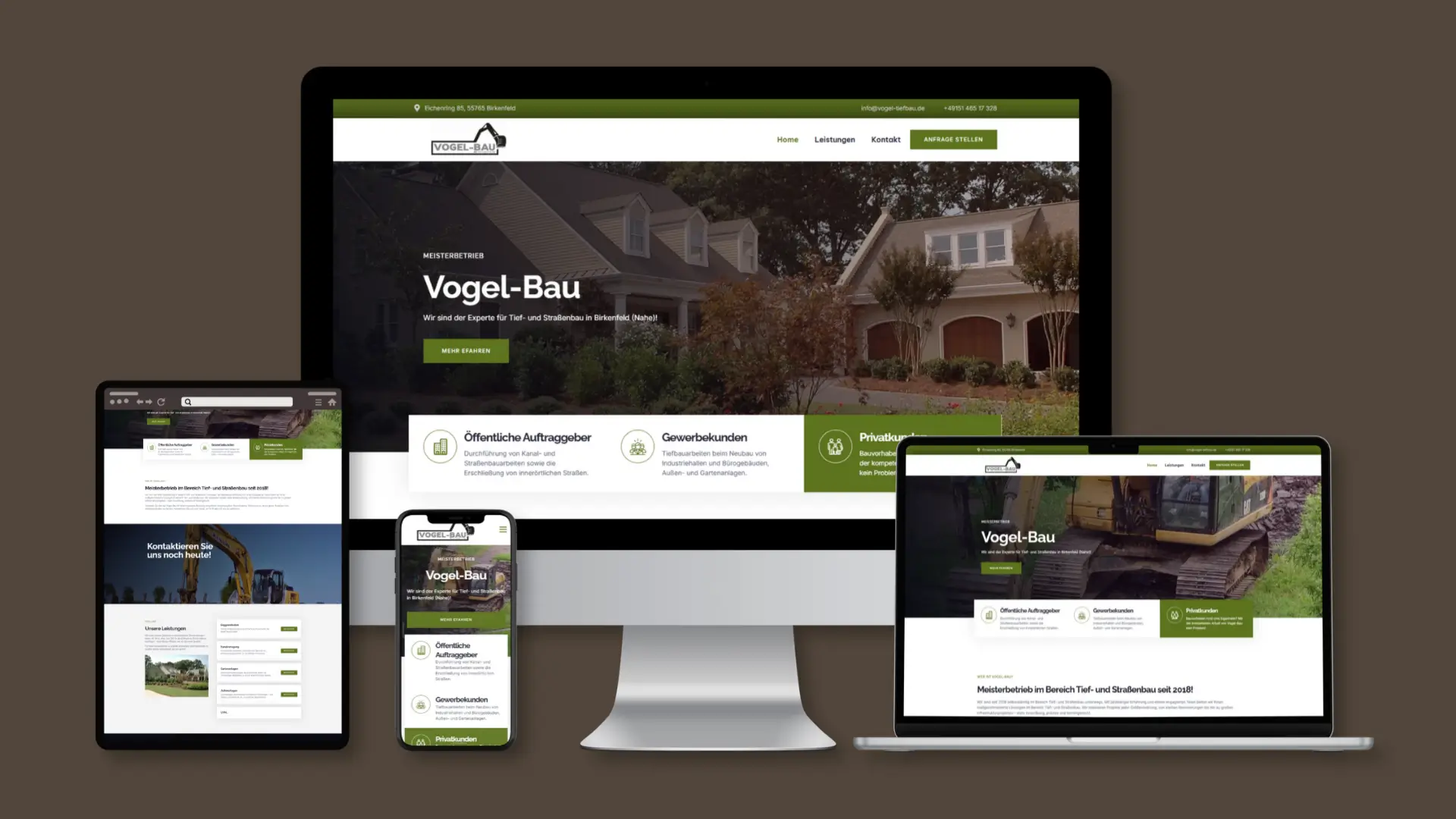 Screenshots der Vogel-Bau Website mit Mockups für alle Geräte