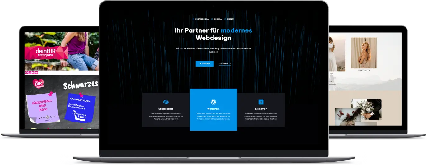 Drei Laptops mit Webdesign-Projekten