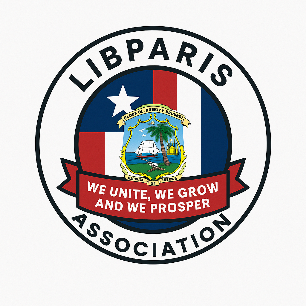 Libparis Association logo with a blue, red, white shield and banner saying we unite, we grow and we prosper.