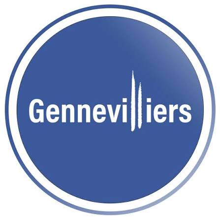 Blue circular logo with the word 'Gennevilliers' in white, stylized with vertical marks in the 'll'.