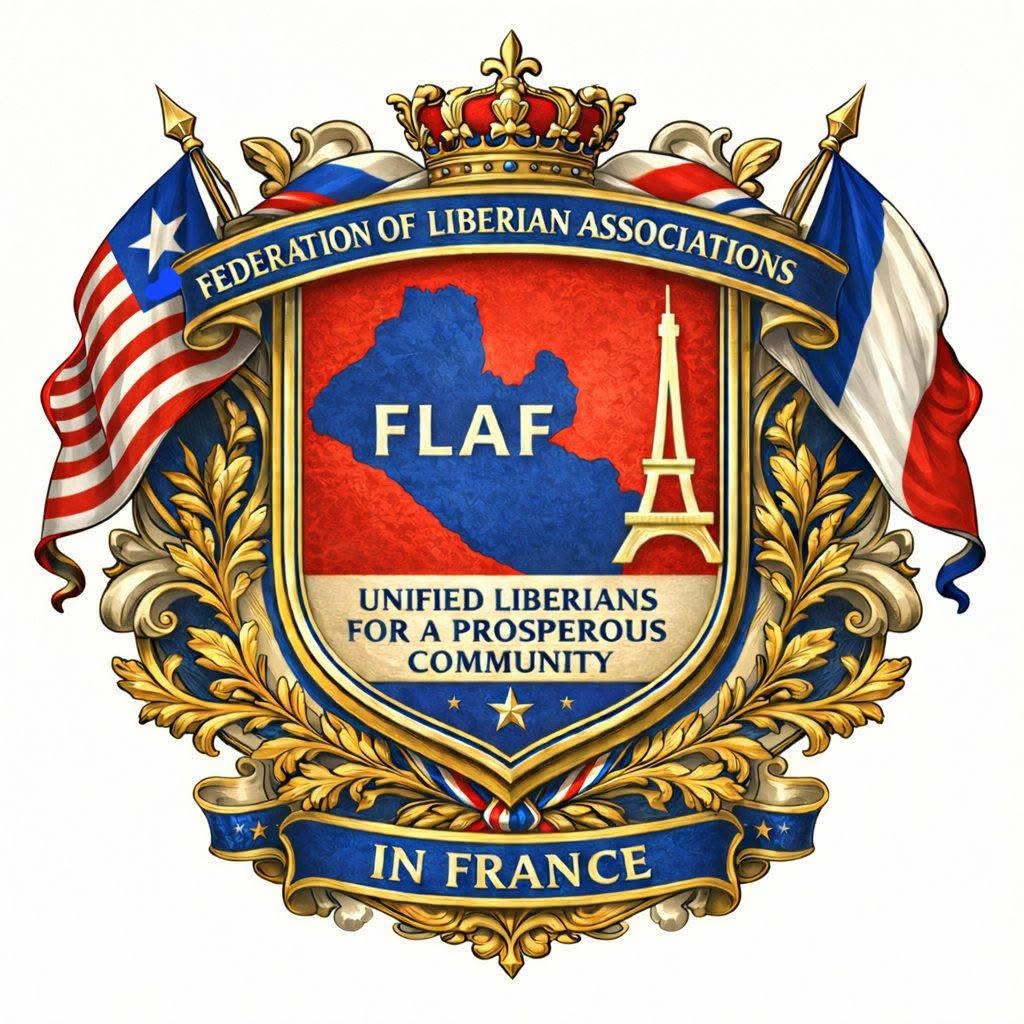 Emblem with Liberian map, Eiffel Tower, flags of Liberia and France, text for Liberian associations in France.