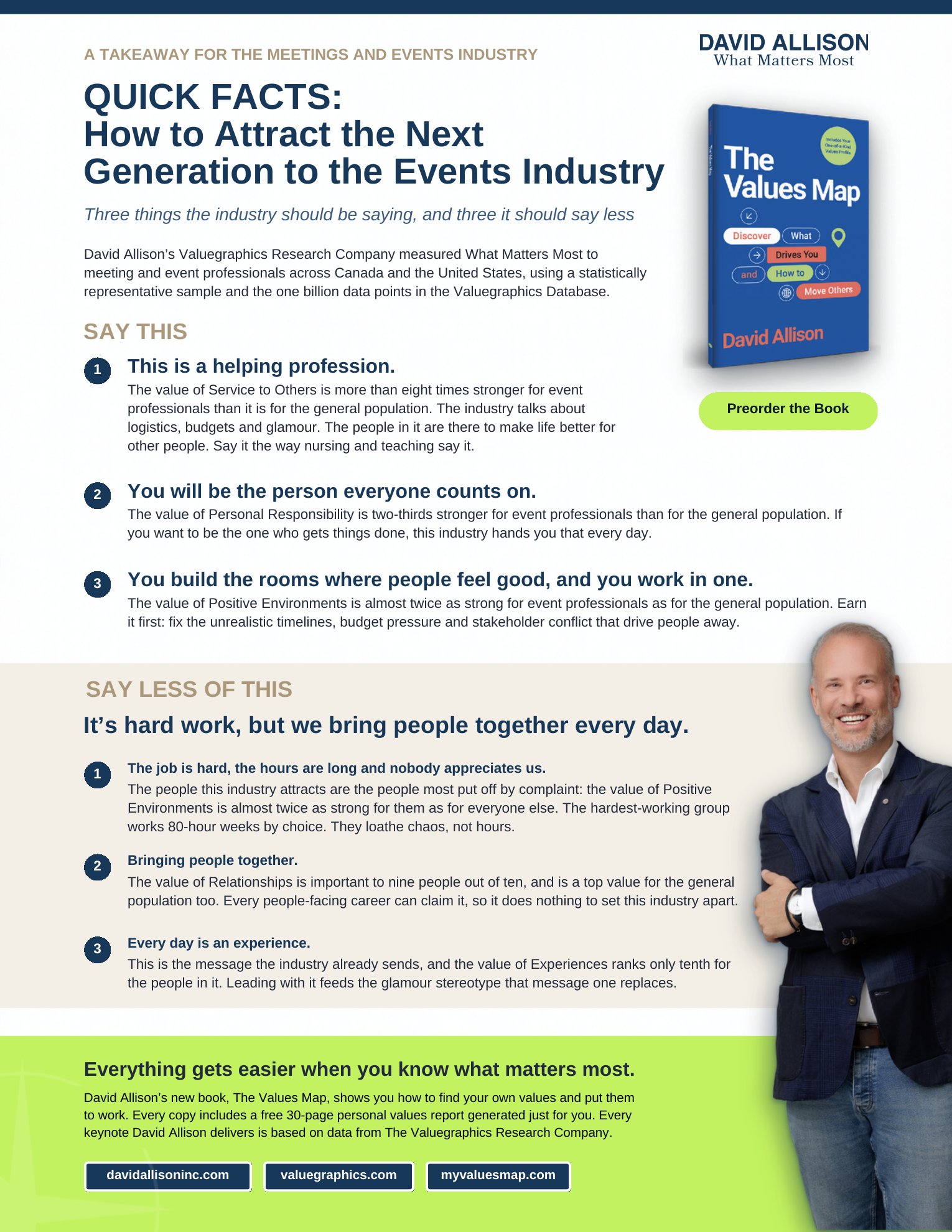 Quick facts: How to Attract the Next Generation to the Events Industry. Say this: this is a helping profession; you will be the person everyone counts on; you build the rooms where people feel good, and you work in one. Say less of this: the job is hard and nobody appreciates us; bringing people together; every day is an experience.