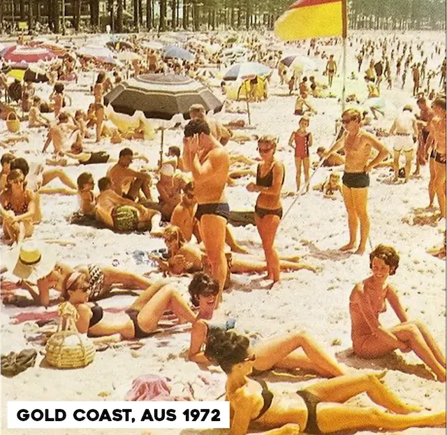 Beeld van zonnende mensen op het strand in 1972