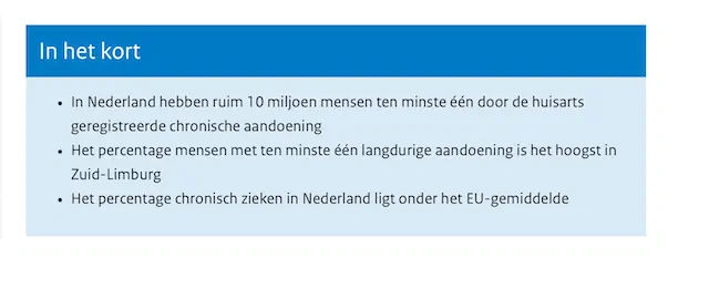 Samenvatting in cijfers van chronische ziekten in NL