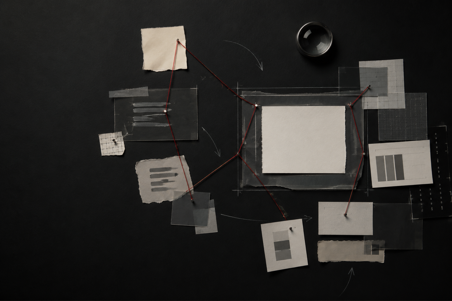 Editorial strategy board connecting scattered research into one clear frame