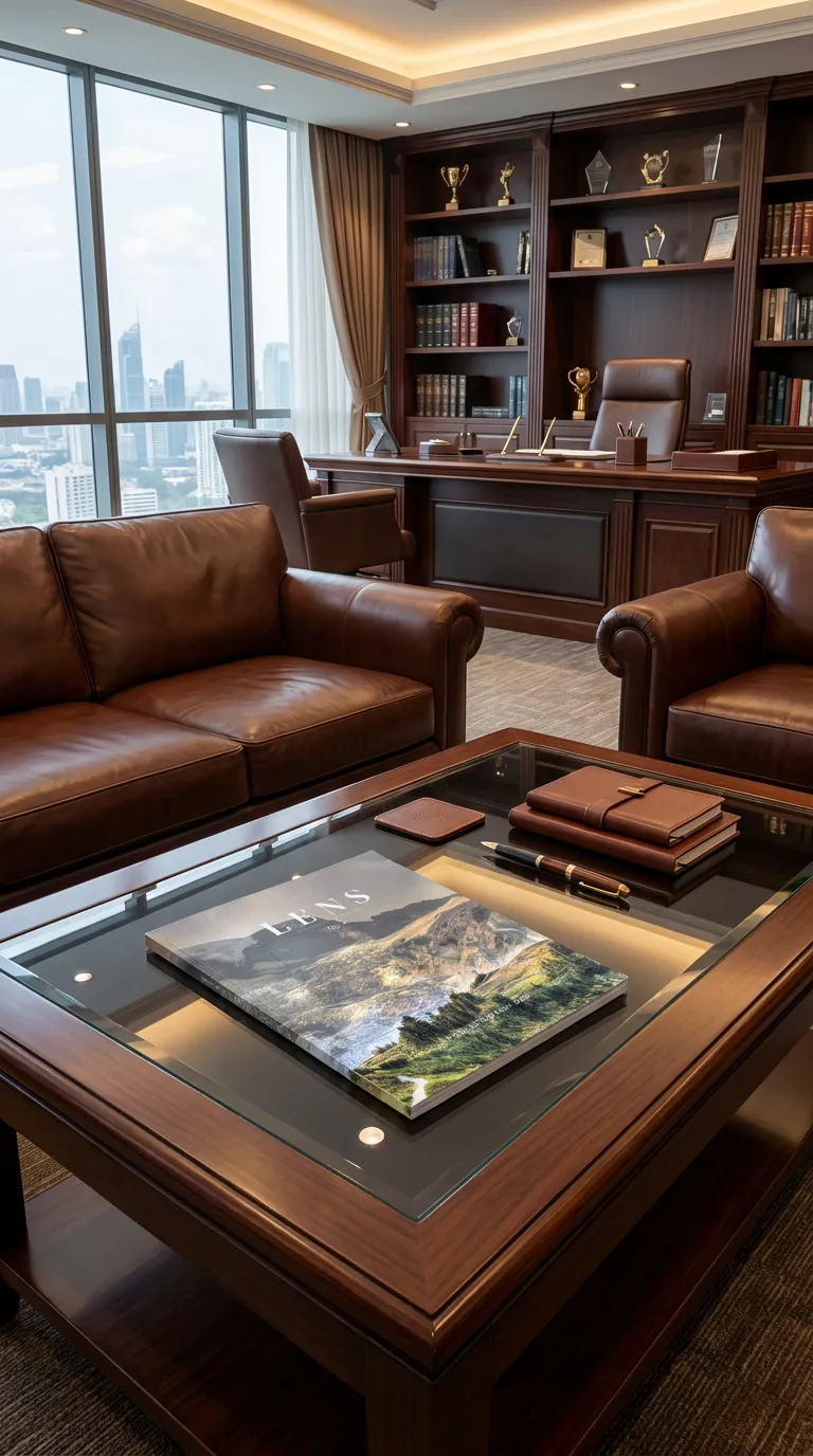 An issue of LENS left out on a glass-topped table in a corner office.