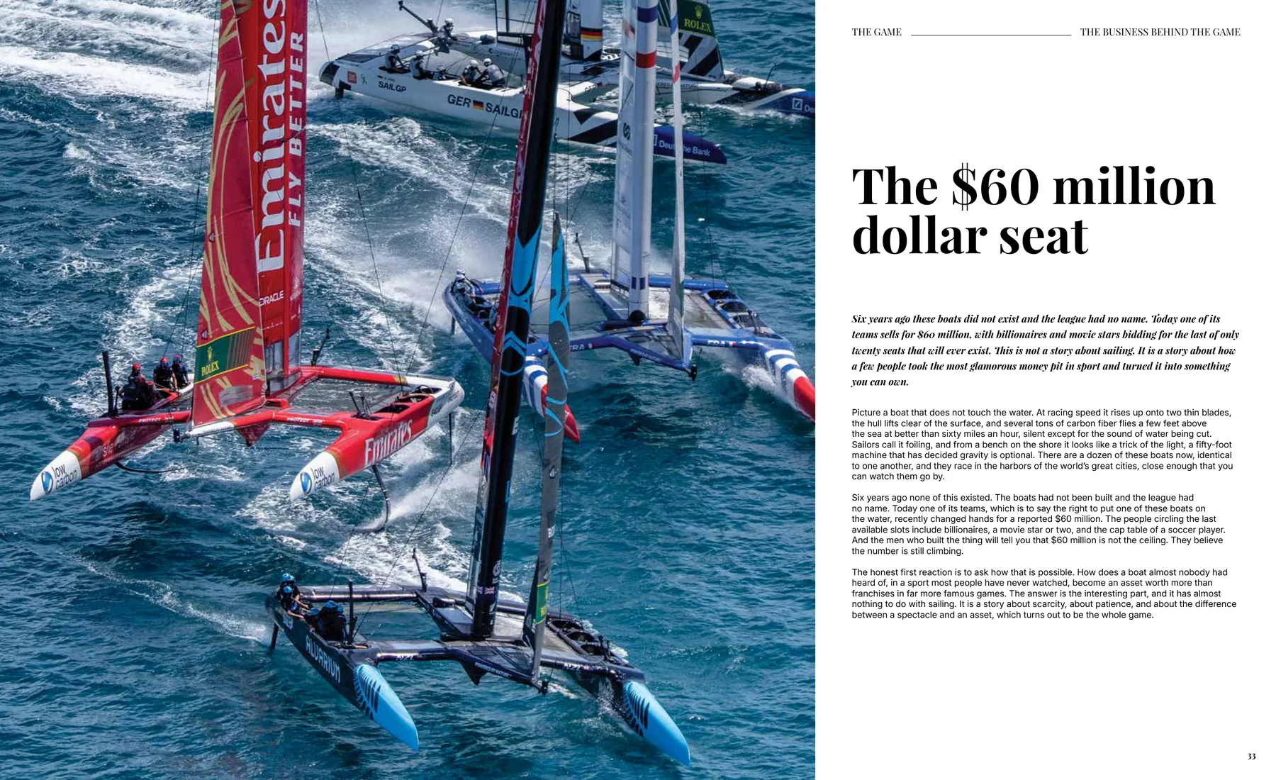 A feature spread from LENS: racing catamarans heeled over on open water.