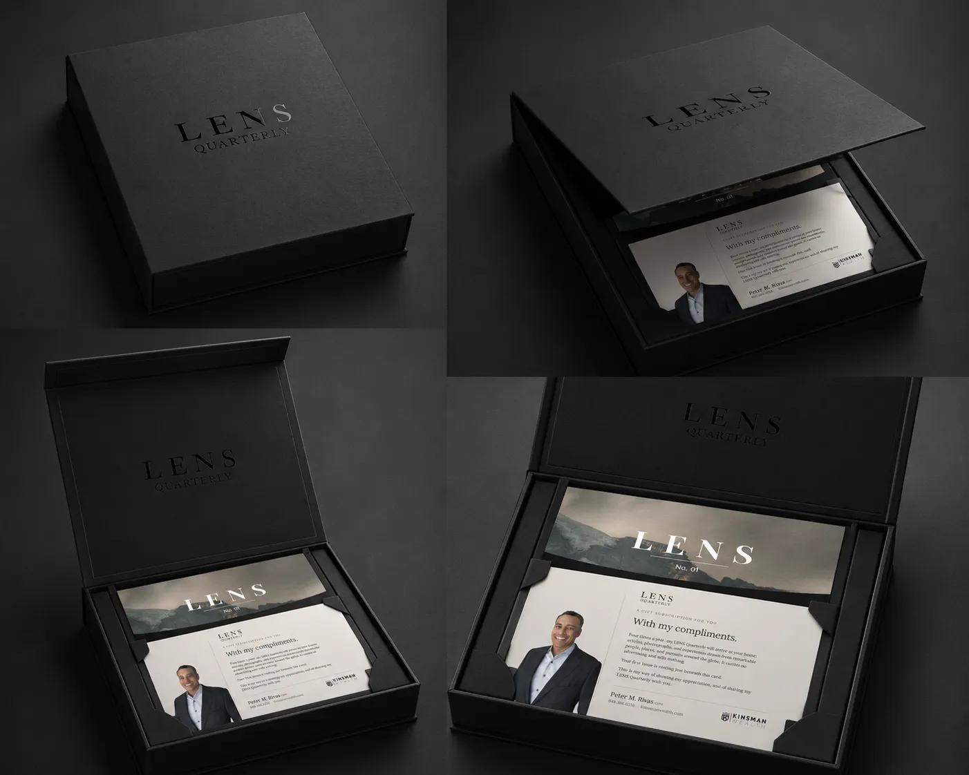 The LENS box open, the lid standing up behind it, an issue of LENS resting inside with the sender's announcement card lying on top.