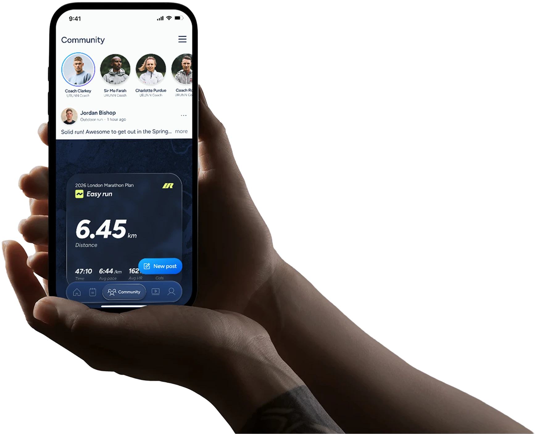 Hand holding a phone showing the URUNN running app