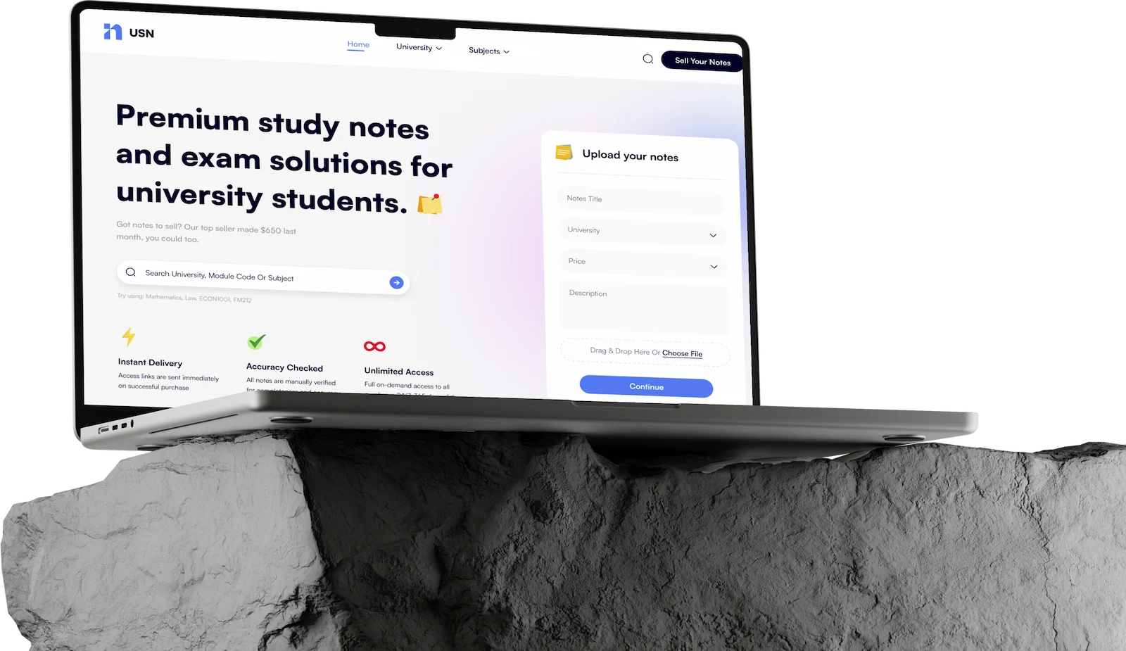 Laptop screen showing a website for premium study notes and exam solutions for university students.