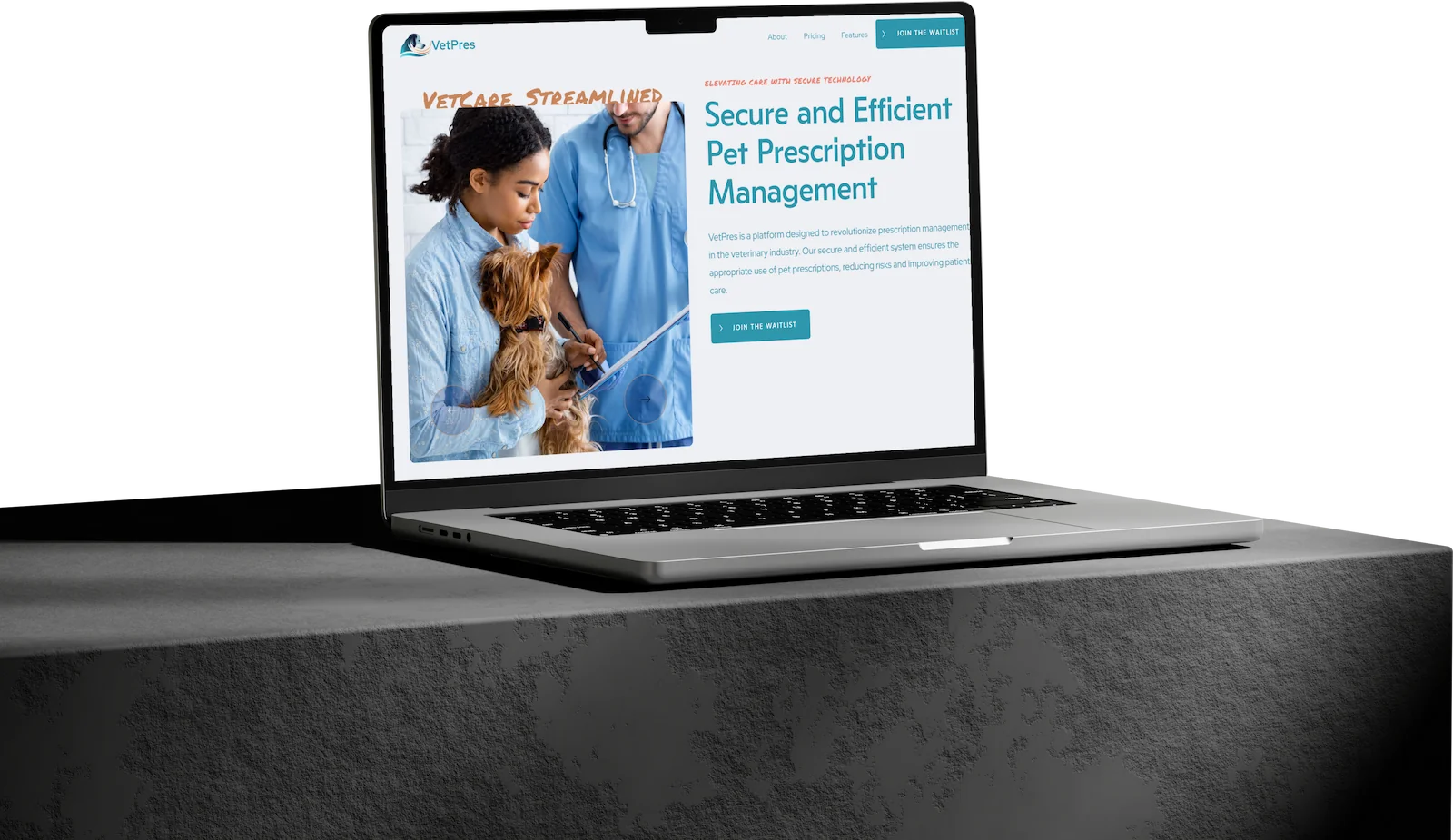 Vetpress pet prescription platform shown on a laptop