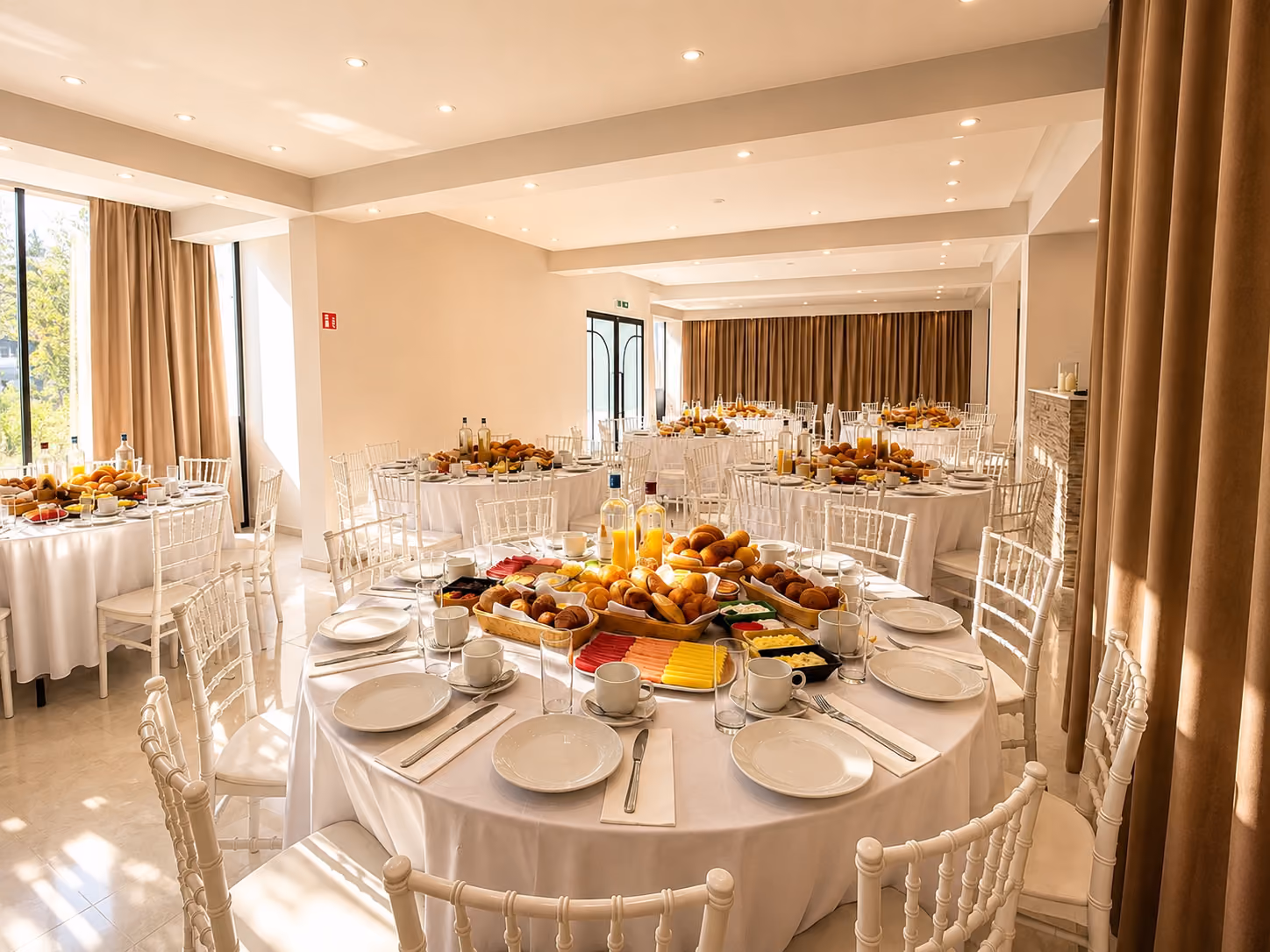 Gedekte tafels met hapjes in de zaal van Meet & Moments