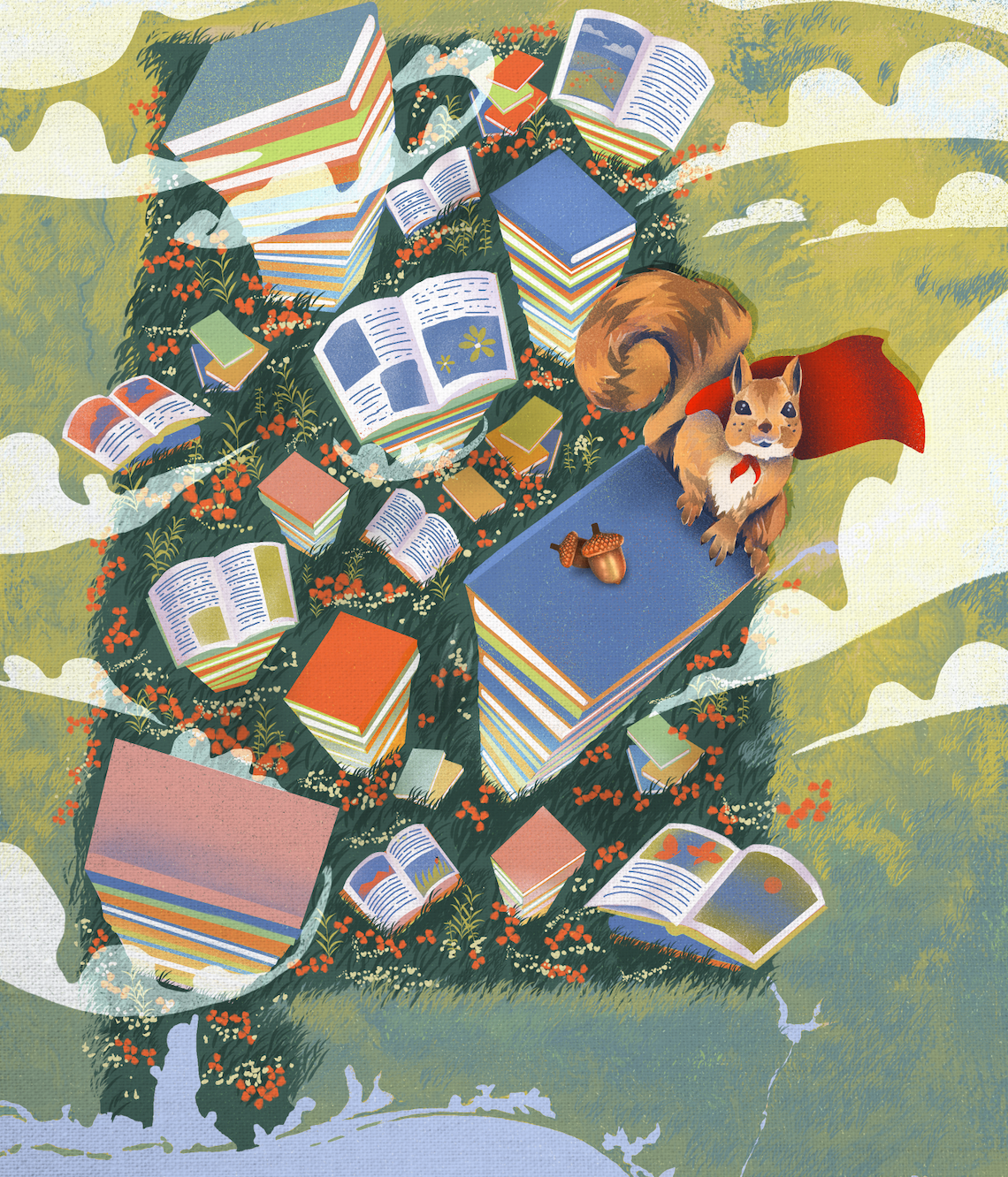 A cute squirrel on a stack of books in the clouds. Below is the outline of Alabama on a map. 