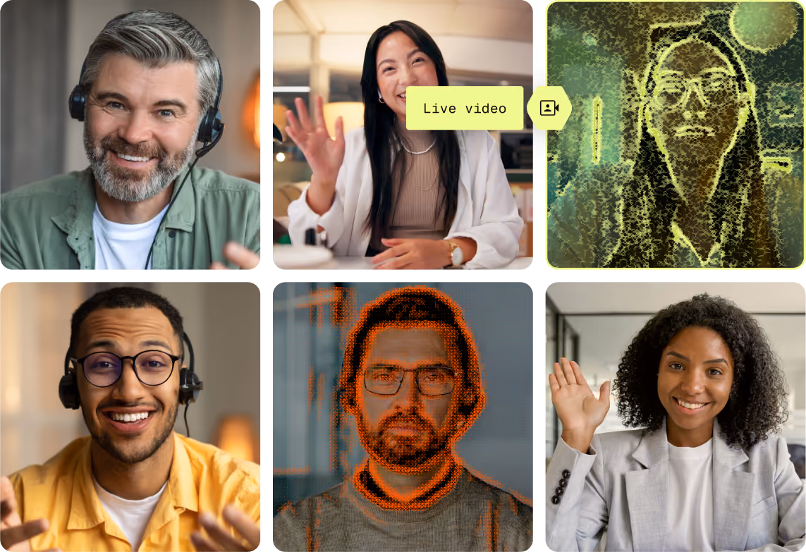 Six diverse people smiling and waving during video calls with two faces highlighted by AI effects.