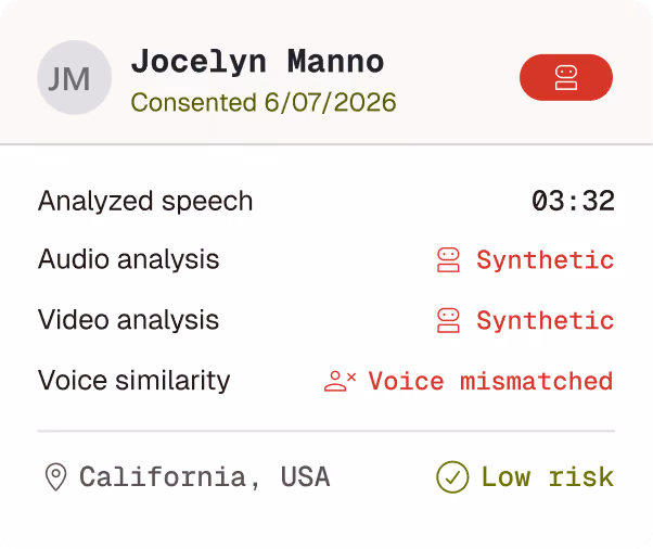Speech analysis for Jocelyn Manno: synthetic audio and video, voice mismatch, low risk, California, USA.