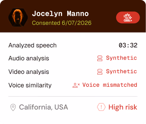 Participant card for Jocelyn Manno showing synthetic audio and video analysis, voice mismatch, and high risk in California.