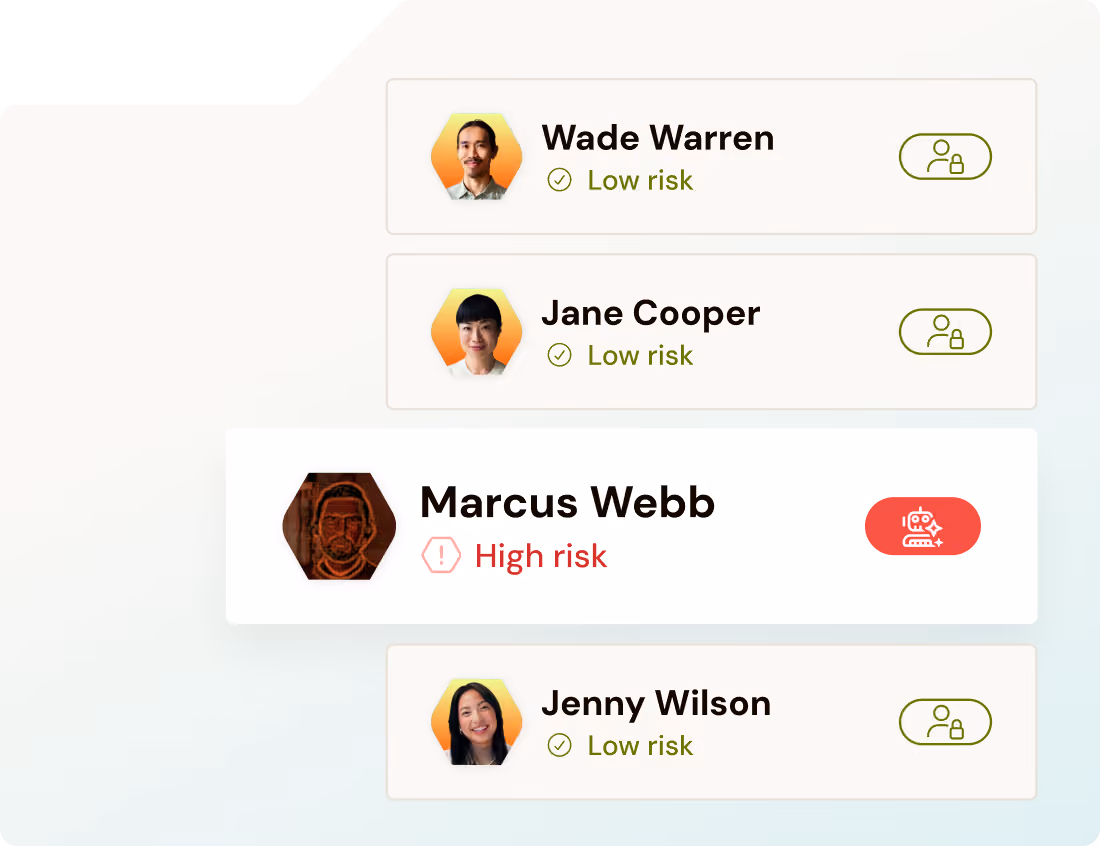 List showing Wade Warren, Jane Cooper, and Jenny Wilson as low risk, Marcus Webb as high risk with alert icon.