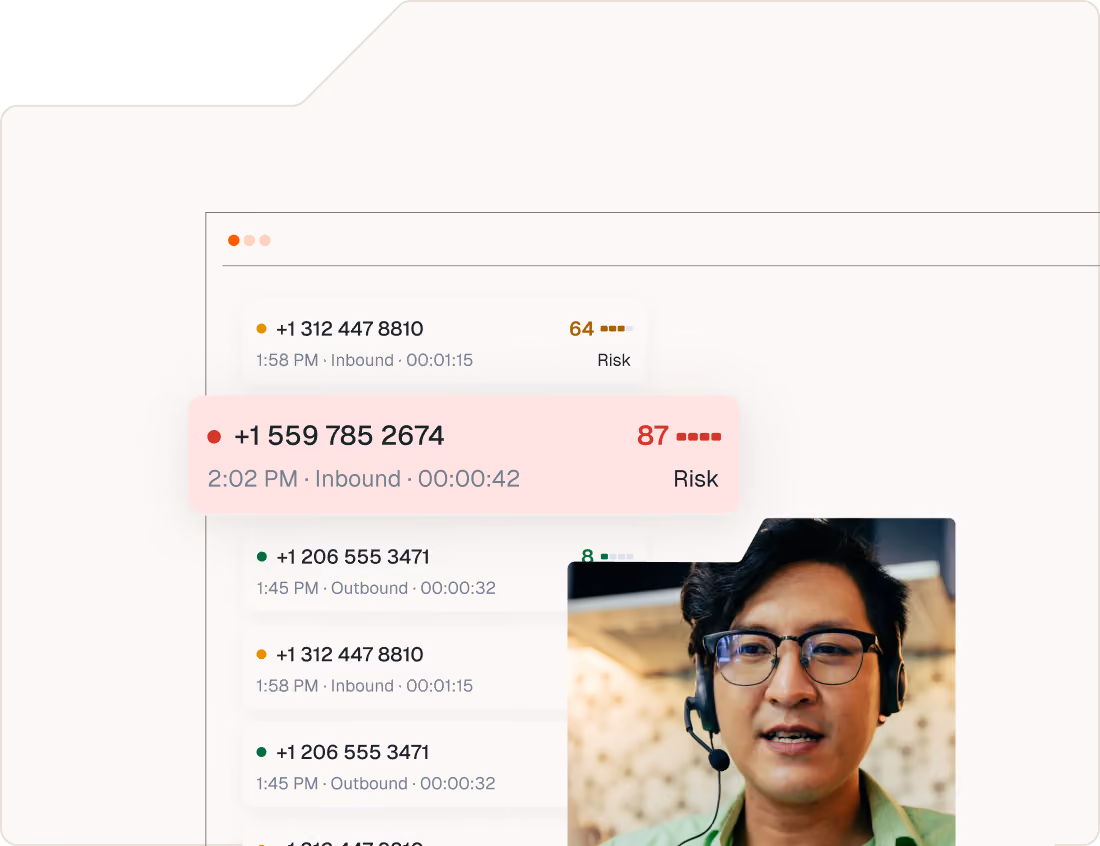 Call log showing phone numbers, call times, directions, risk scores, and a man wearing headset on a video call.