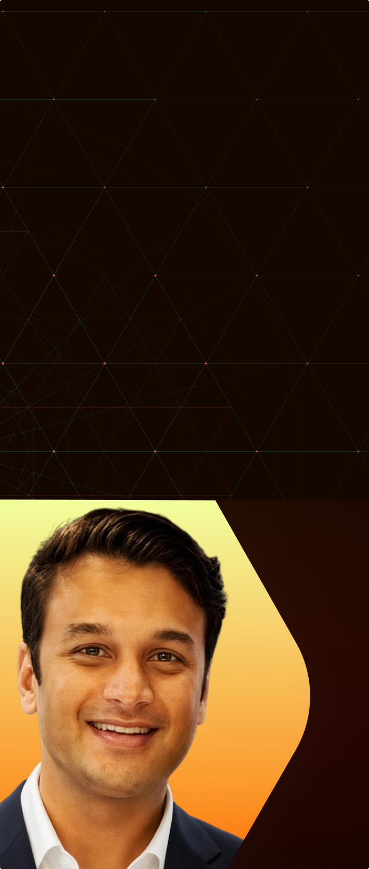 man looking at camera with bookcase in background. orange overlay on image and back background
