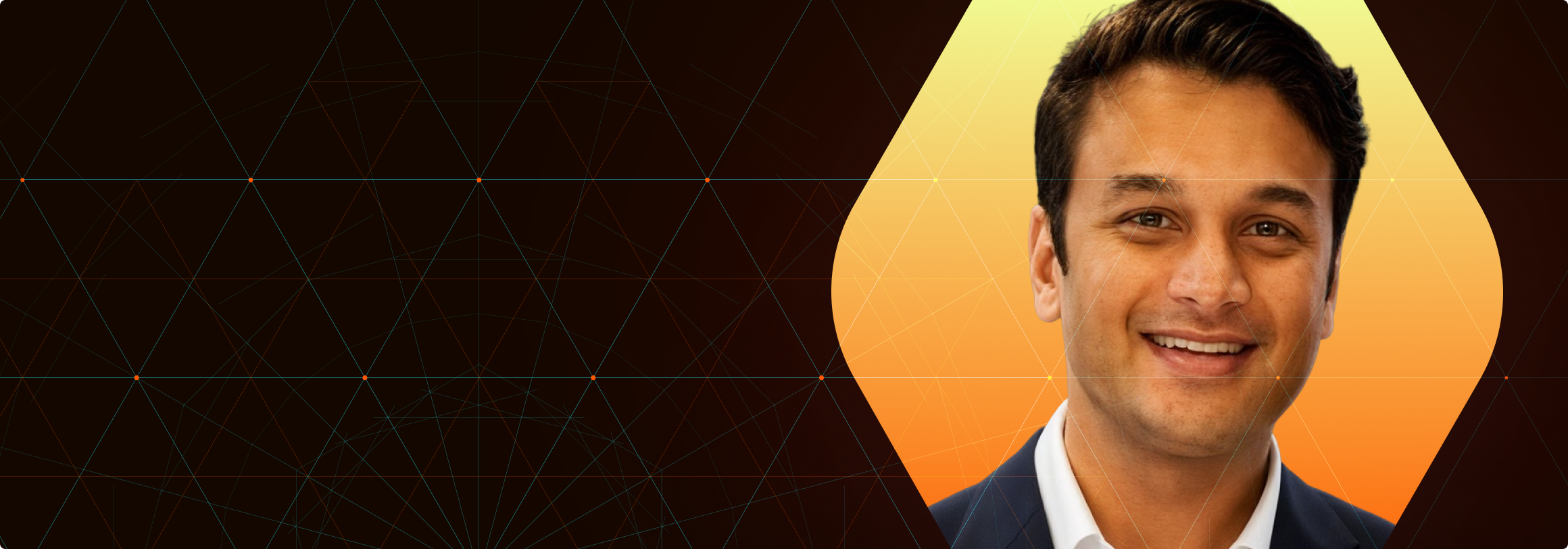 man looking at camera with bookcase in background. orange overlay on image and back background