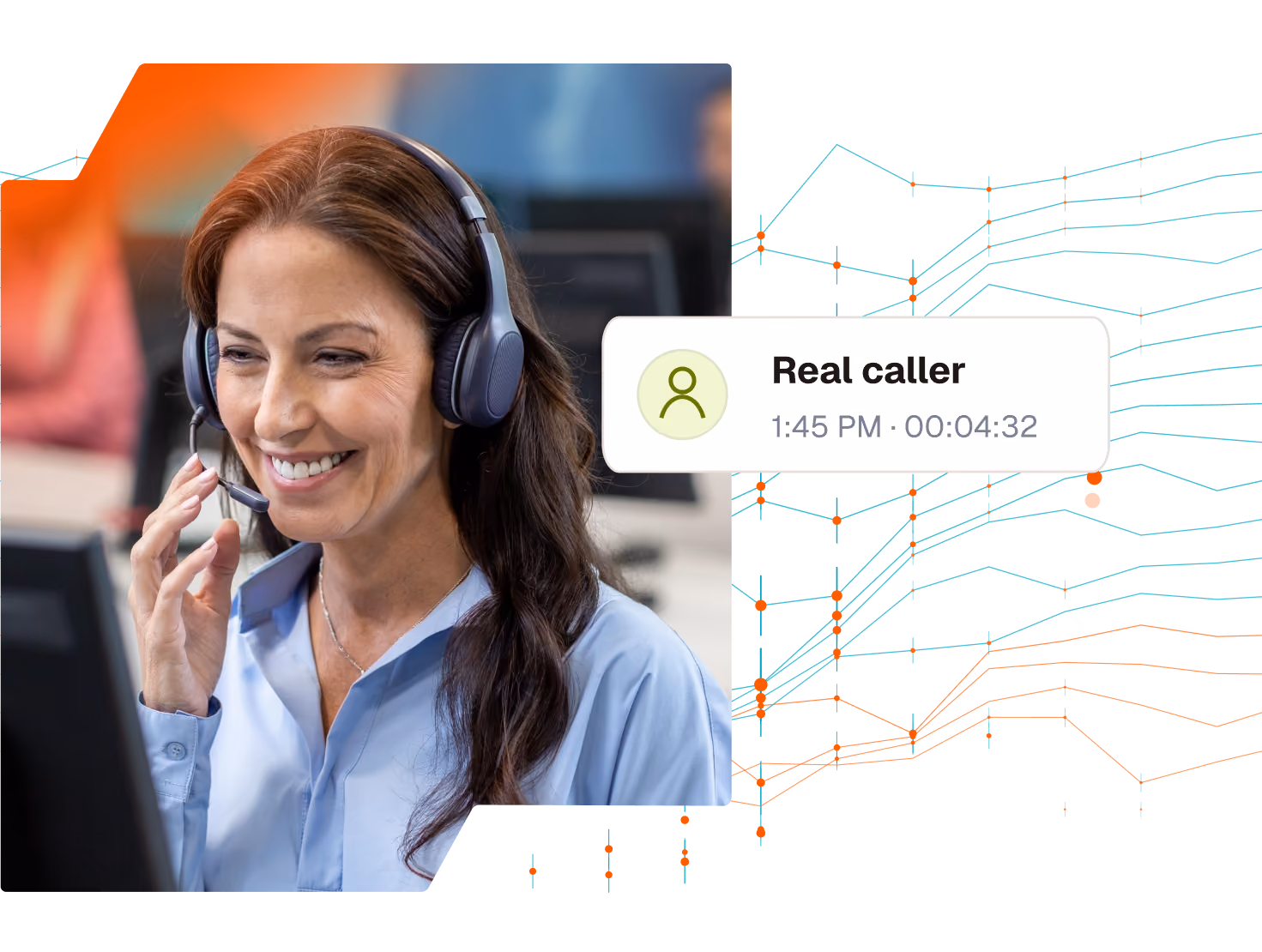 smiling woman call center representative with real caller icon and phone number layered on top