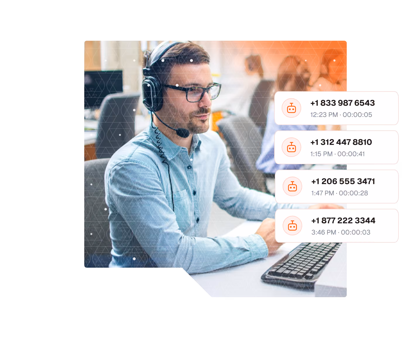 call center representative with list of bot calls layered on top
