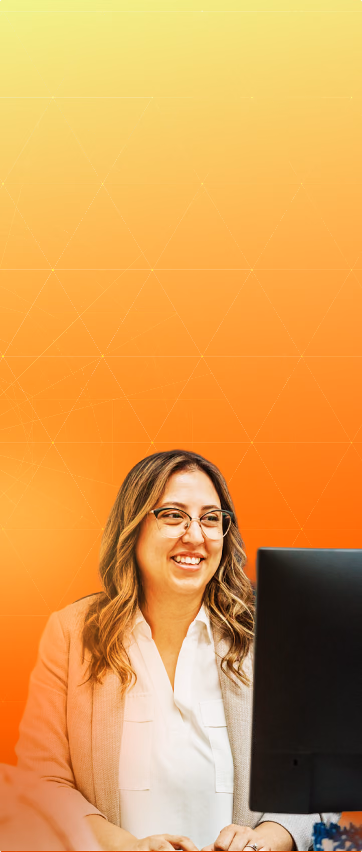 Bank teller looking at computer on orange gradient background