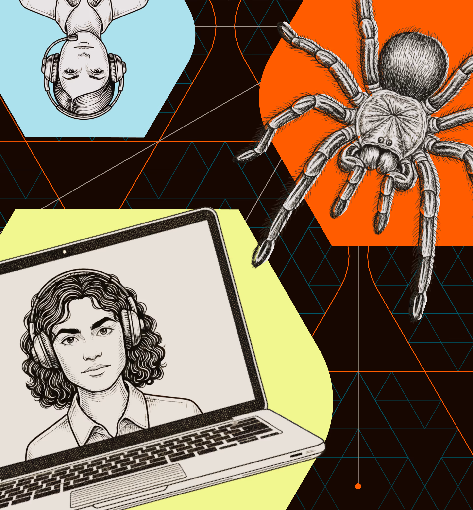 group of hand drawn illustrations of a contact center agent person on video call and spider layered on top of colorful shapes on a black patterned background