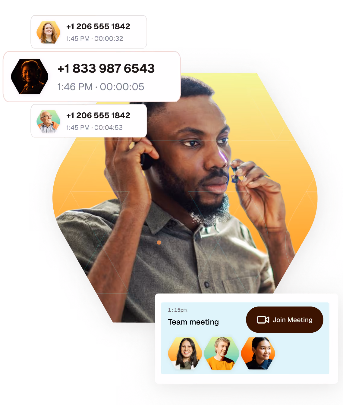call center agent putting on headset. 3 incoming calls listed with photo and phone number. video meting layered on top