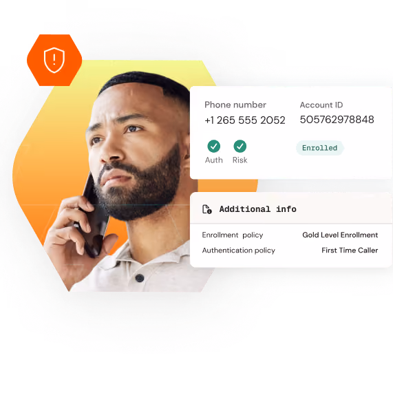 bearded man holding cell phone up to ear. call details showing phone number account number and additional information are layered on top of the image
