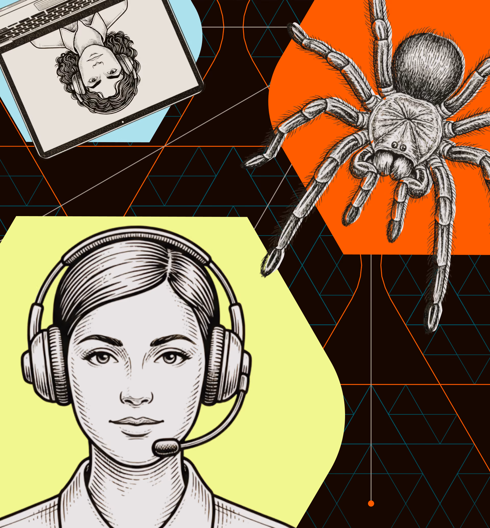 group of hand drawn illustrations of a contact center agent person on video call and spider layered on top of colorful shapes on a black patterned background