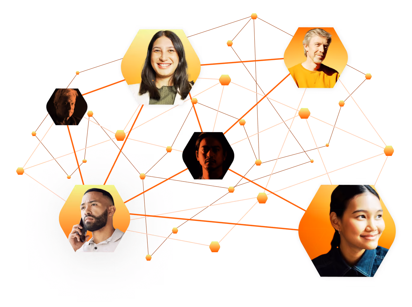 Network of six diverse people connected by orange lines and hexagonal nodes on a transparent background, representing social or professional connections.
