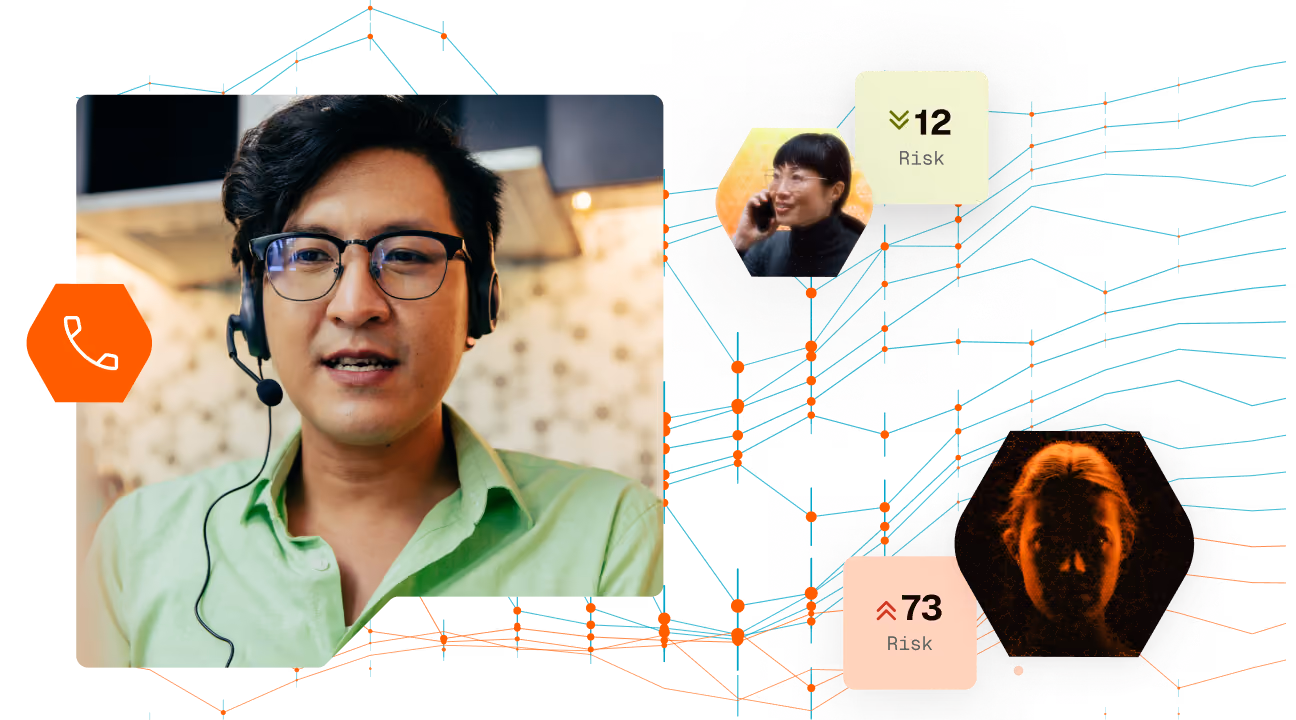 Man wearing glasses and a headset speaking, with graphics showing two other faces connected by data points and risk levels of 12 and 73.