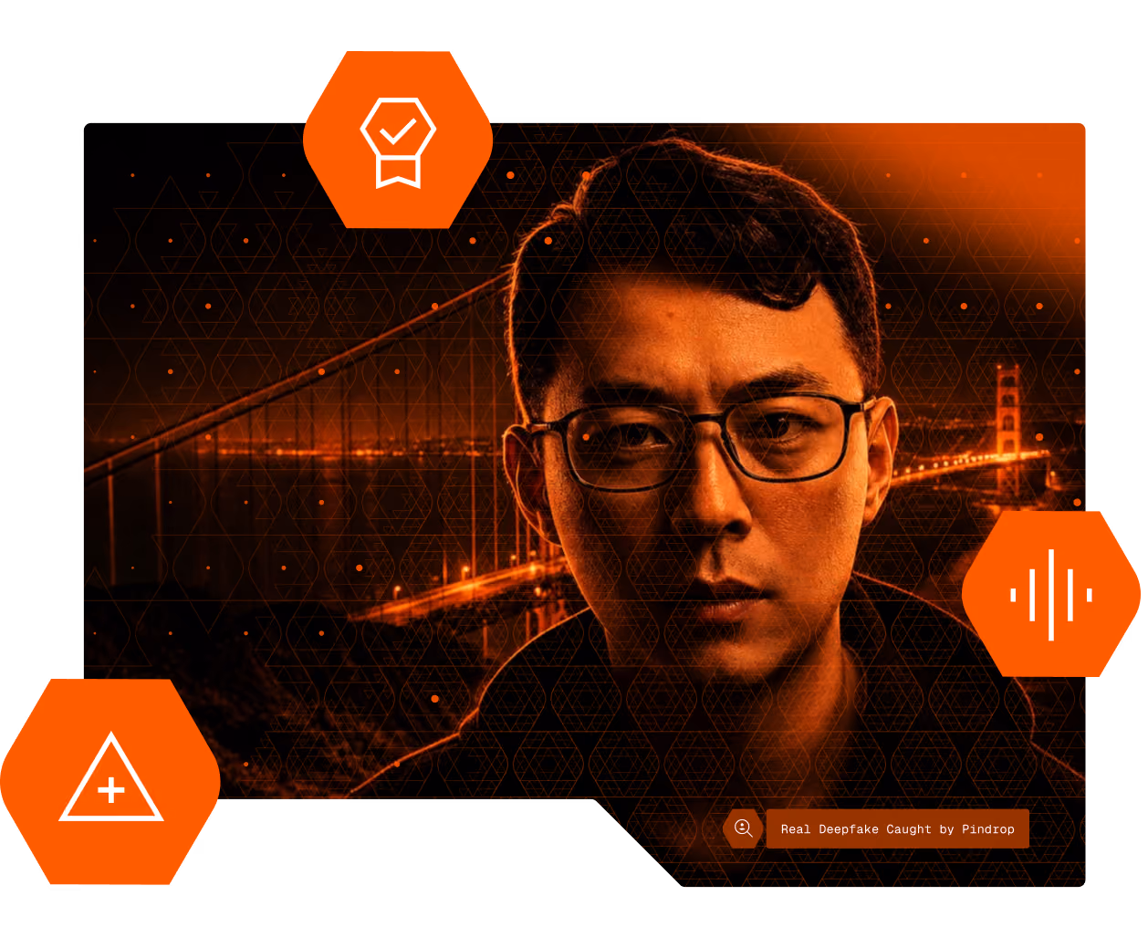 Deepfake image of man with orange overlay three icons showing voice and alerts