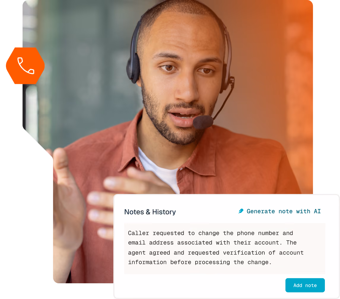 Man wearing a headset with microphone, gesturing with his hands as he speaks, overlaid with a digital note interface showing a customer service message about changing account phone number and email with verification.