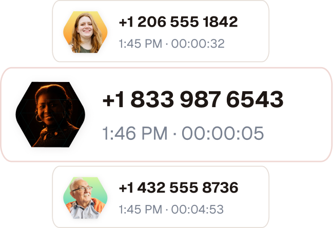 List of three calls with photo of caller phone number call time and call duration