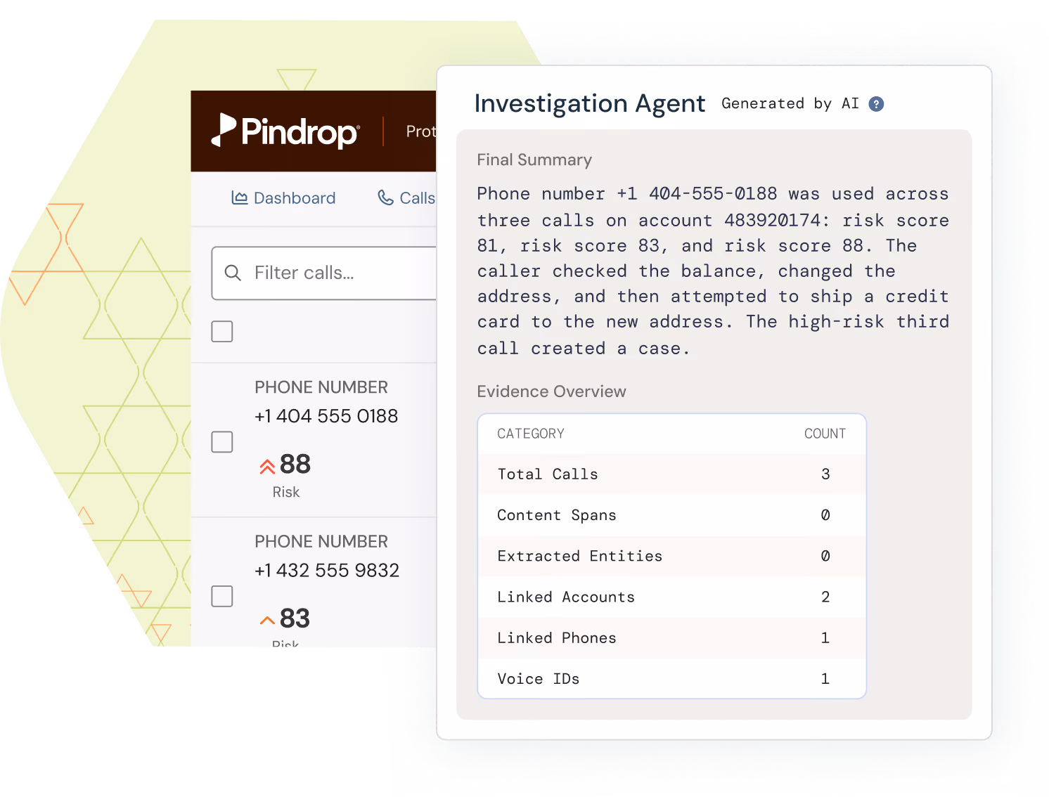 Pindrop product visual with call list and Fraud Assist Investigations final summary and evidence overview