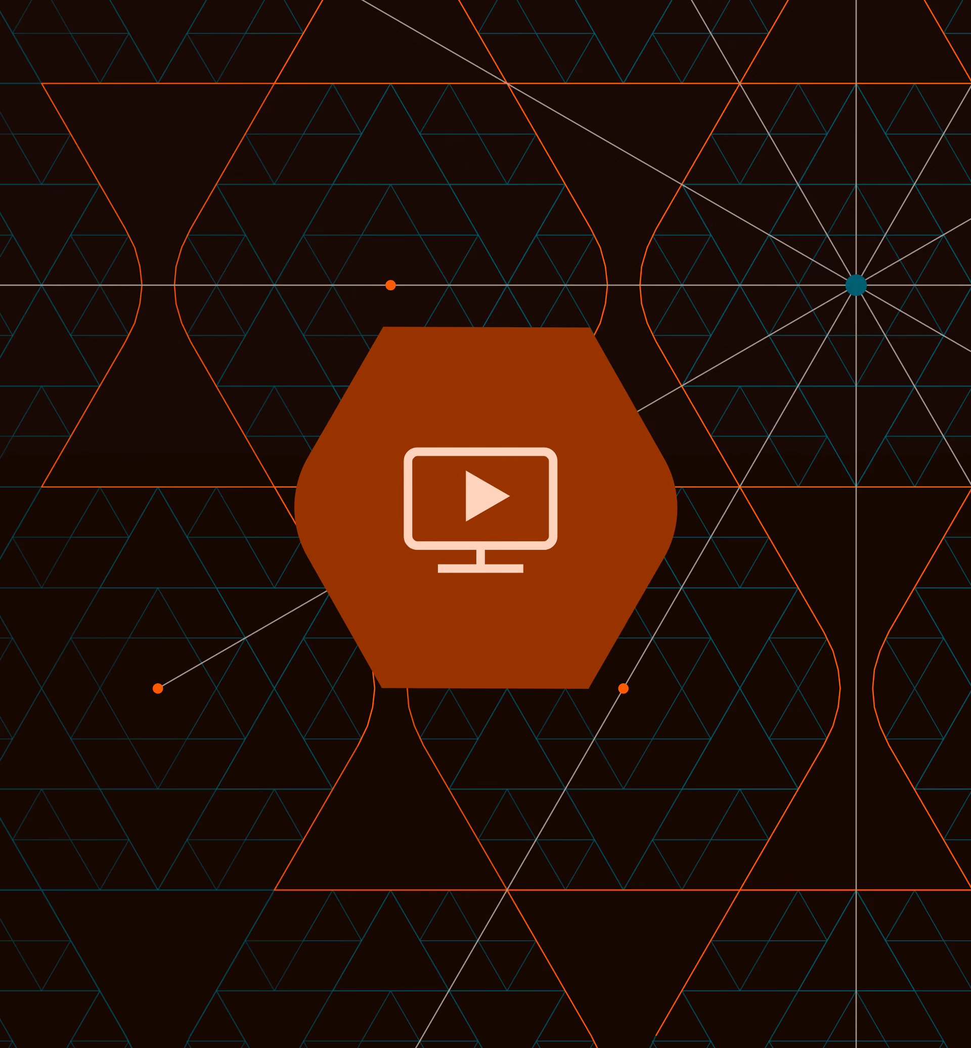 Black background with geometric pattern and webinar icon in a rust colored hexagon