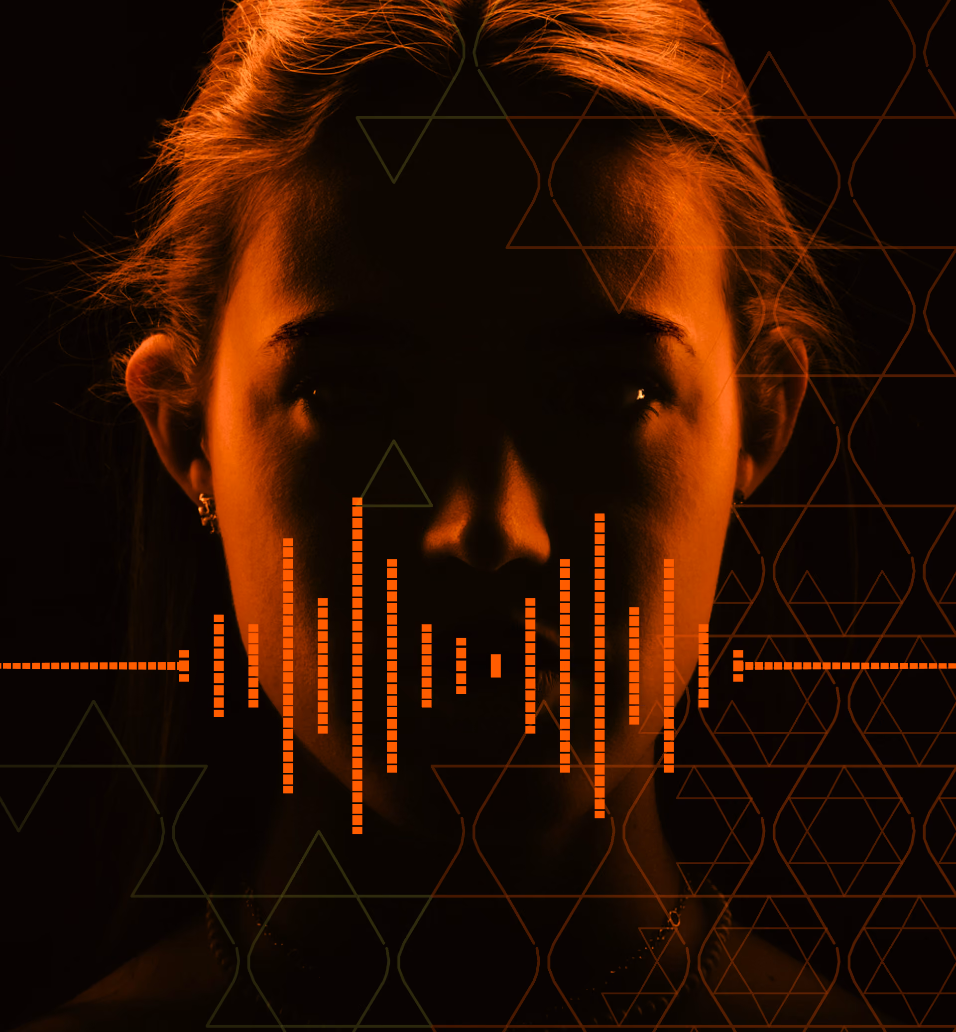 Woman in dark space with orange lighting and minimal visible features audio lines on top of mouth