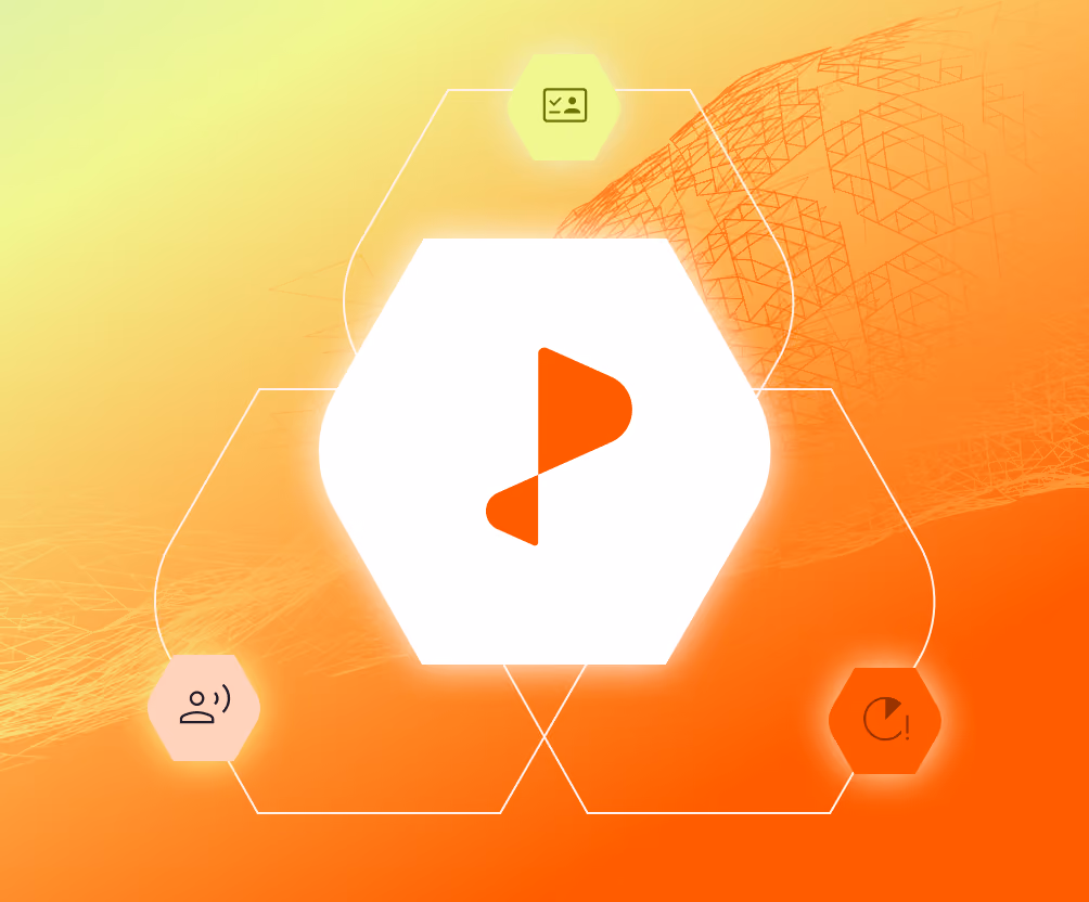Pindrop logo mark with three interconnecting hexagons each with an icon representing the risk engine synthetic engine and authentication engine