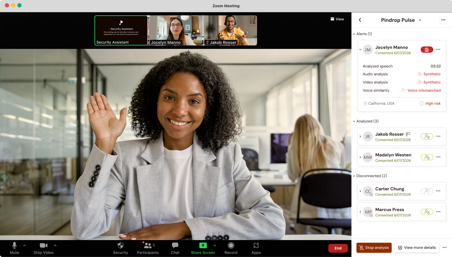 Zoom meeting with 3 participants and the Pindrop app open in the side panel showing a high risk synthetic audio and video participant