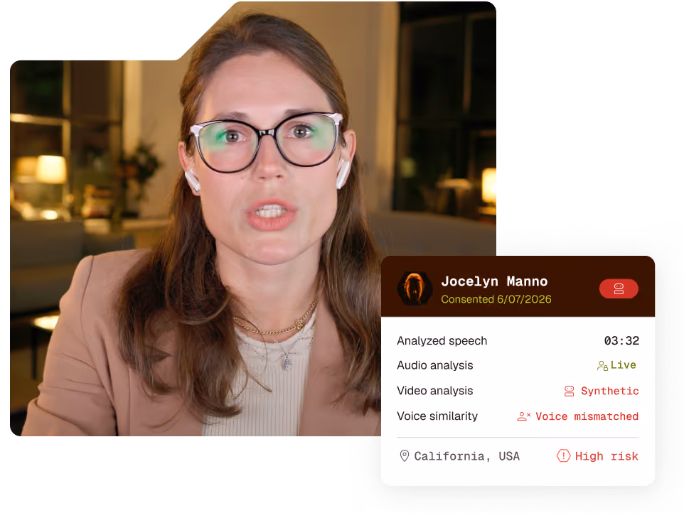 Woman talking on video call Pindrop product UI shows Synthetic audio video and a voice mismatch