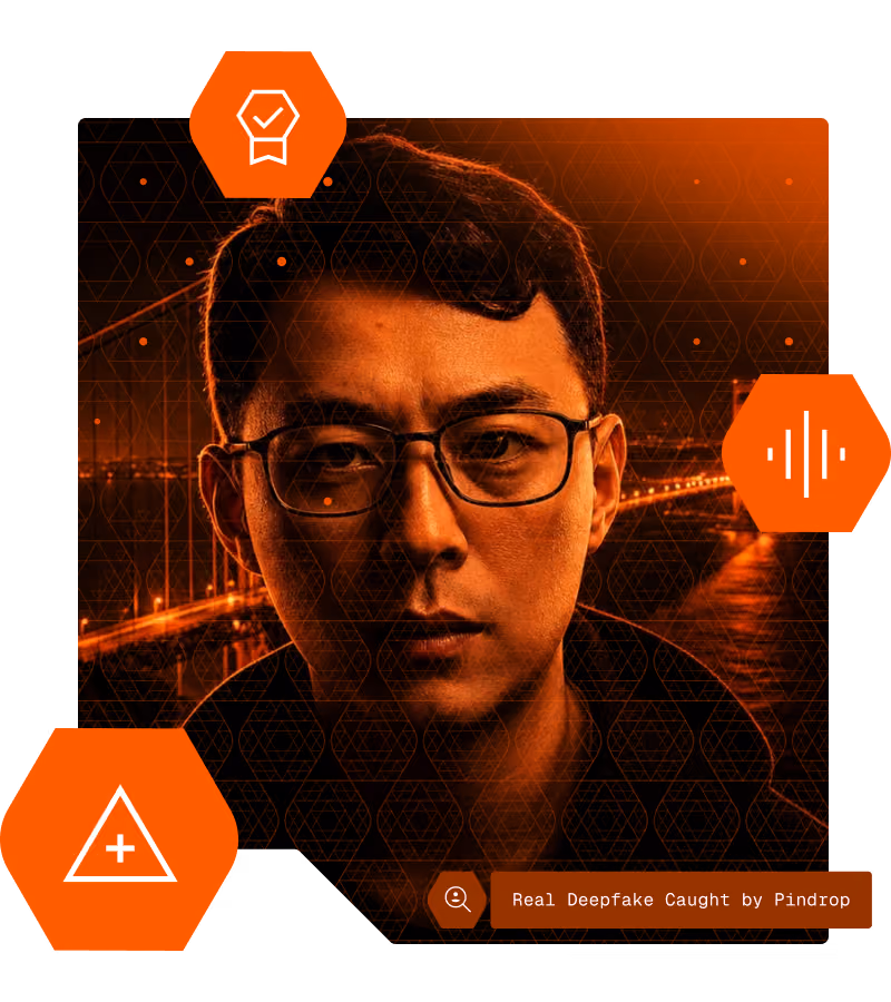 Deepfake image of man with orange overlay three icons showing voice and alerts